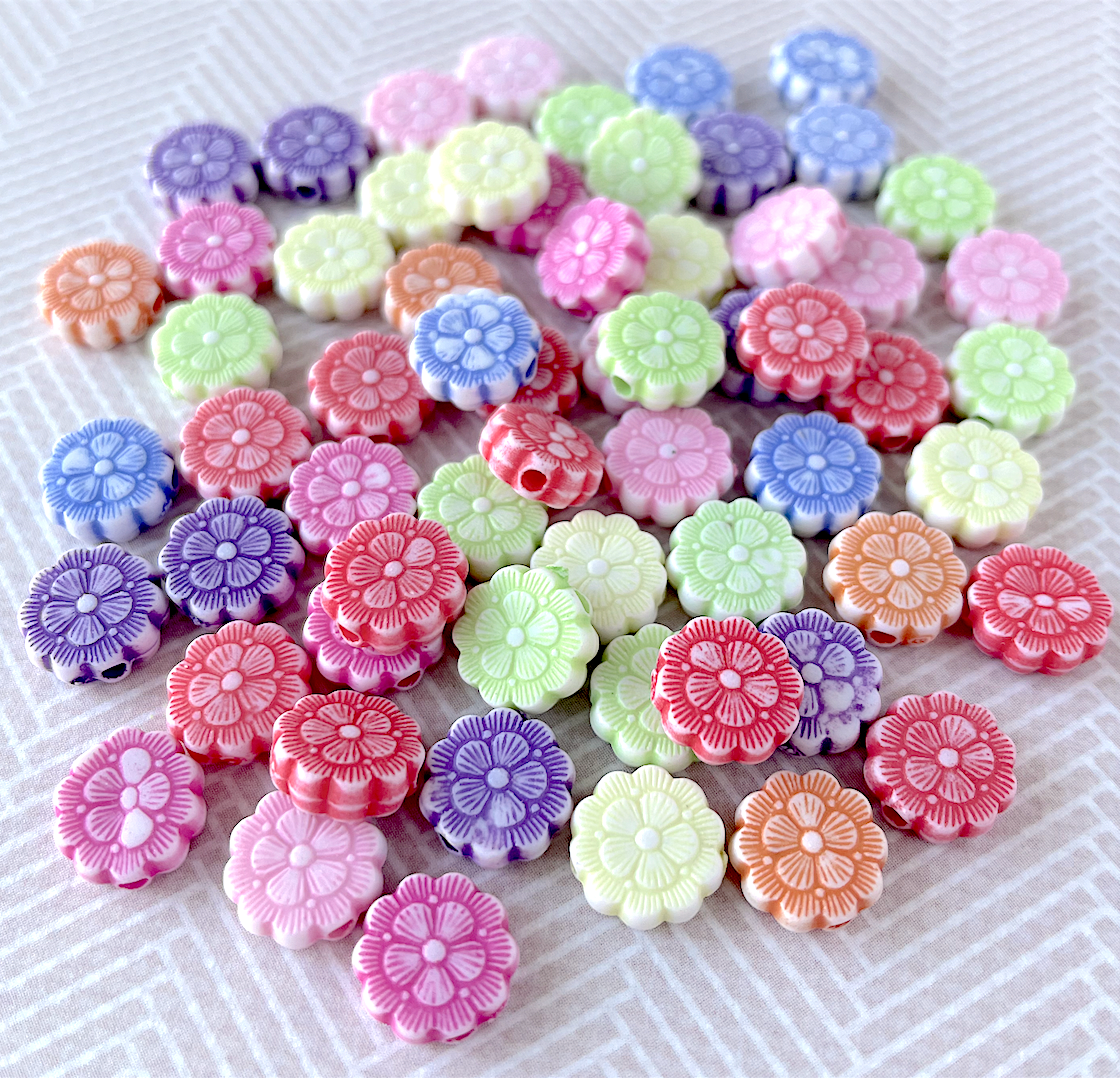 Acrylic Flat Flower Beads 10 mm Mix Colours - Pack of 100