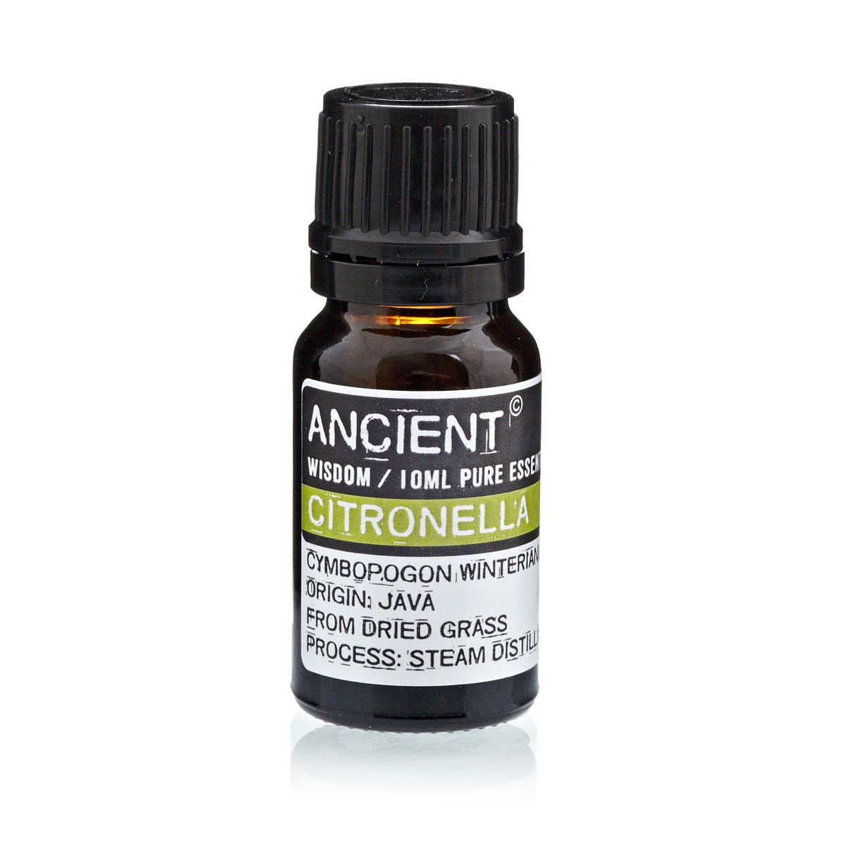 Bottle of Citronella essential oil with 'Ancient Wisdom' label on a white background