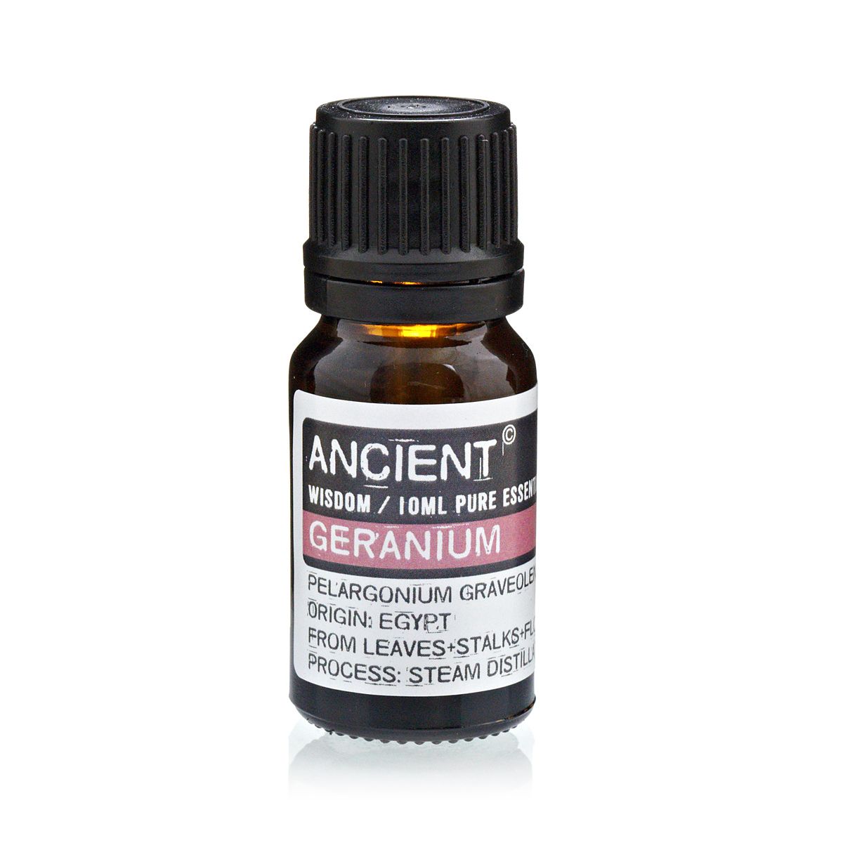 Bottle of geranium essential oil with label on a white background