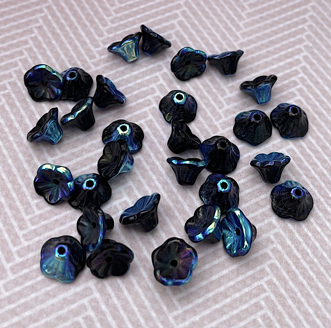 Jet Full AB Small Flower Cup Glass Beads Pack of 30