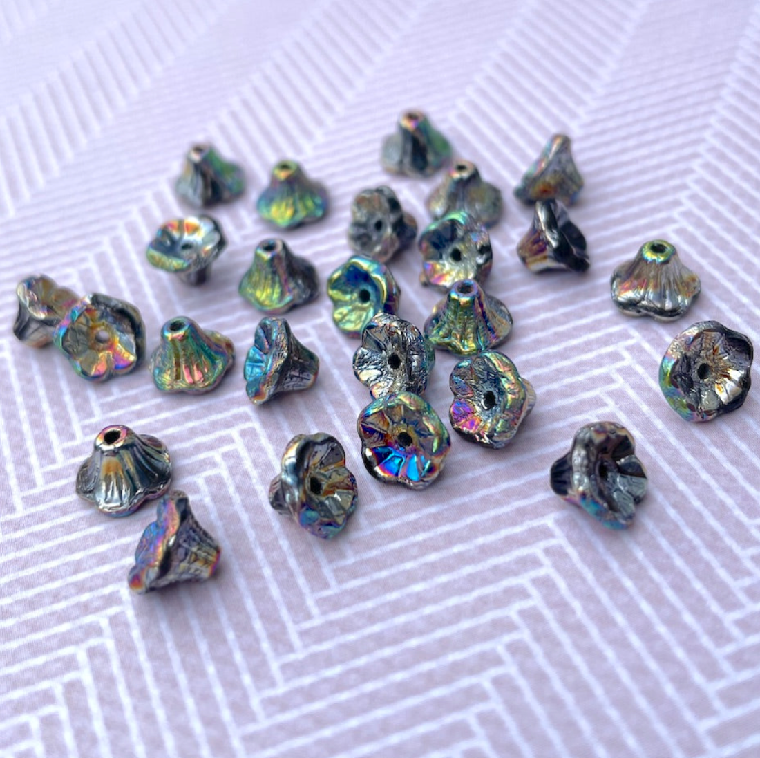 Jet Vitrail Full Small Flower Cup Glass Beads Pack of 30