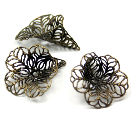 Large Floral Filigree Bead Caps in Dark Bronze Colour - Pack of 10