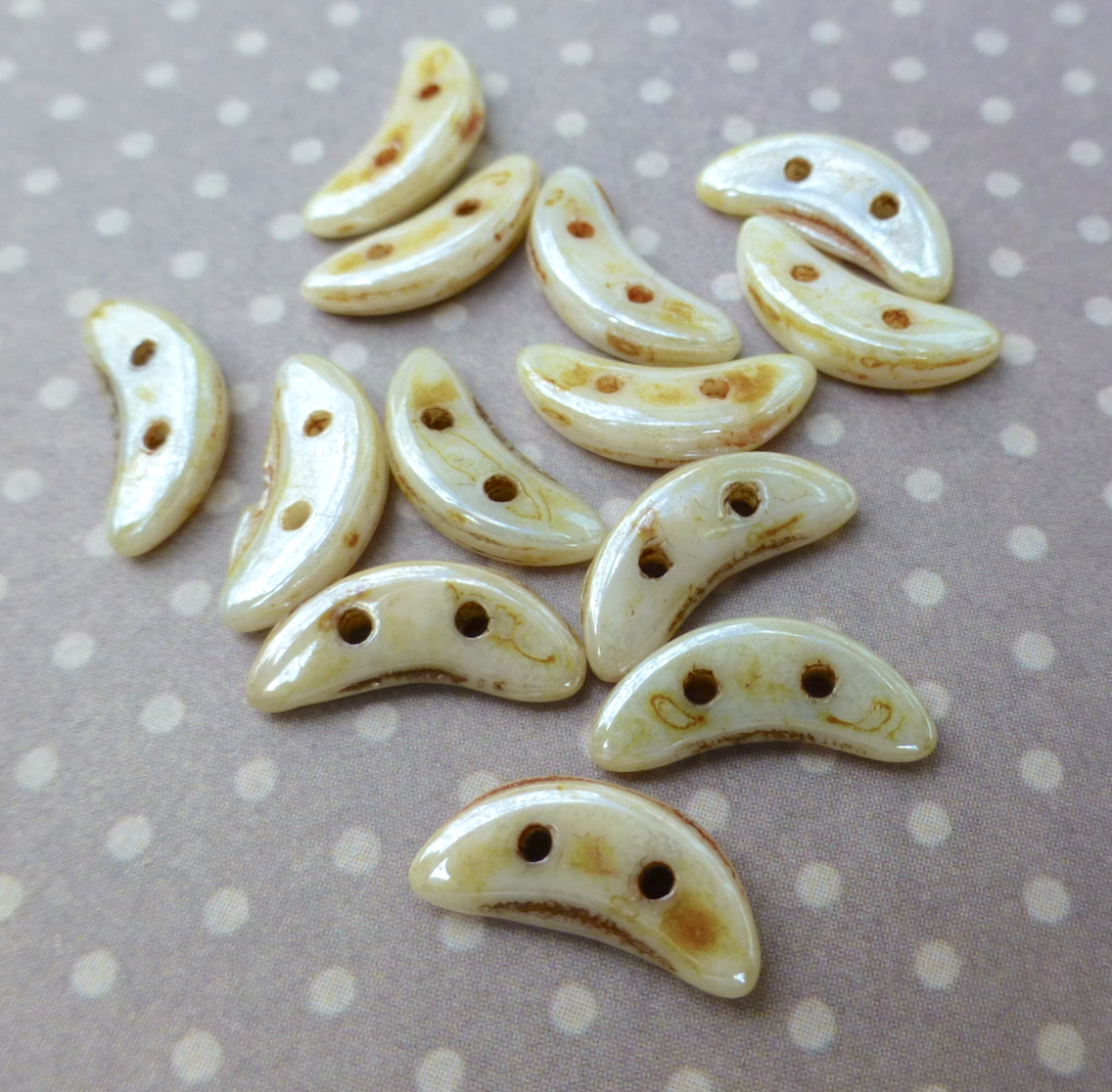 Opaque Luster Picasso Glass Crescent Beads 2-hole Czech Glass Beads - 50 beads