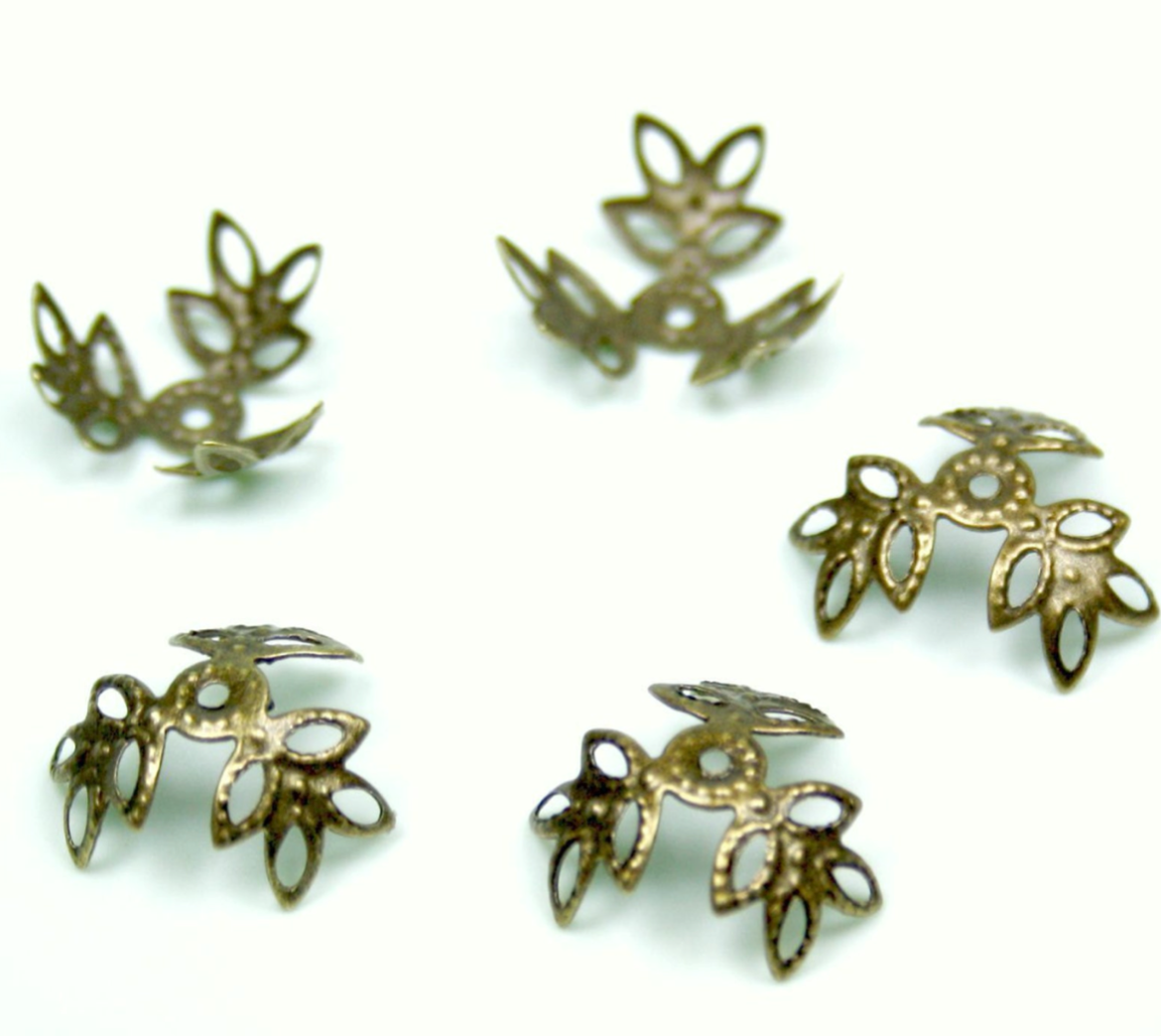 Three Petals Floral Filigree Bead Caps Bronze Colour Findings Pack of 50