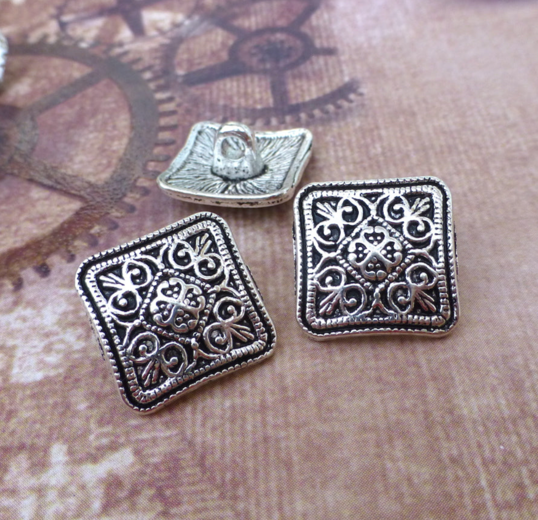 Square Metal Shank Buttons Antique Silver Colour Pack of 10