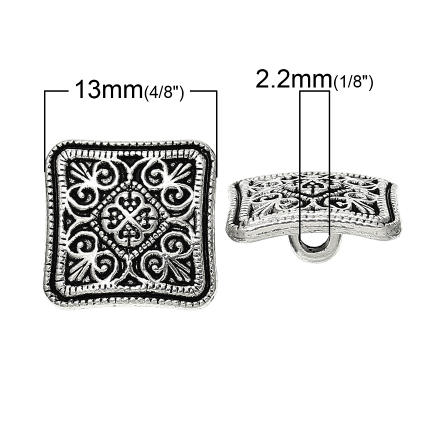Square Metal Shank Buttons Antique Silver Colour Pack of 10