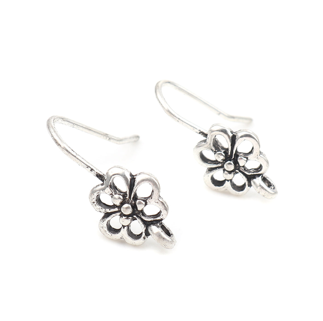 Flower Ear Wires Earring Hooks Components Antique Silver Colour - Pack of 10