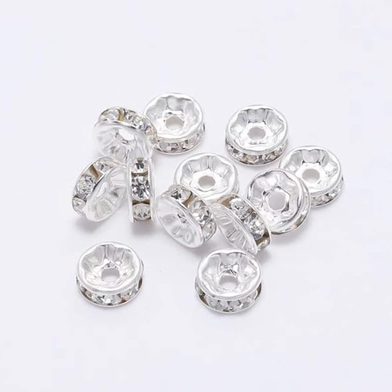 Rondelle Spacer Beads Silver and Rhinestone Metal Beads - Pack of 20