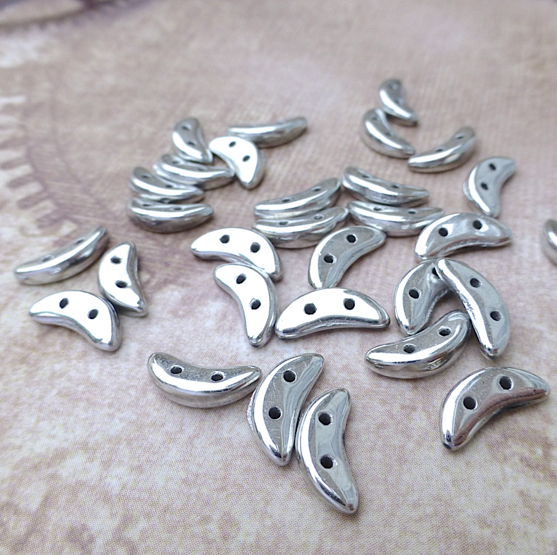 Silver Glass Crescent Beads 2-hole Czech Glass Beads - 50 beads