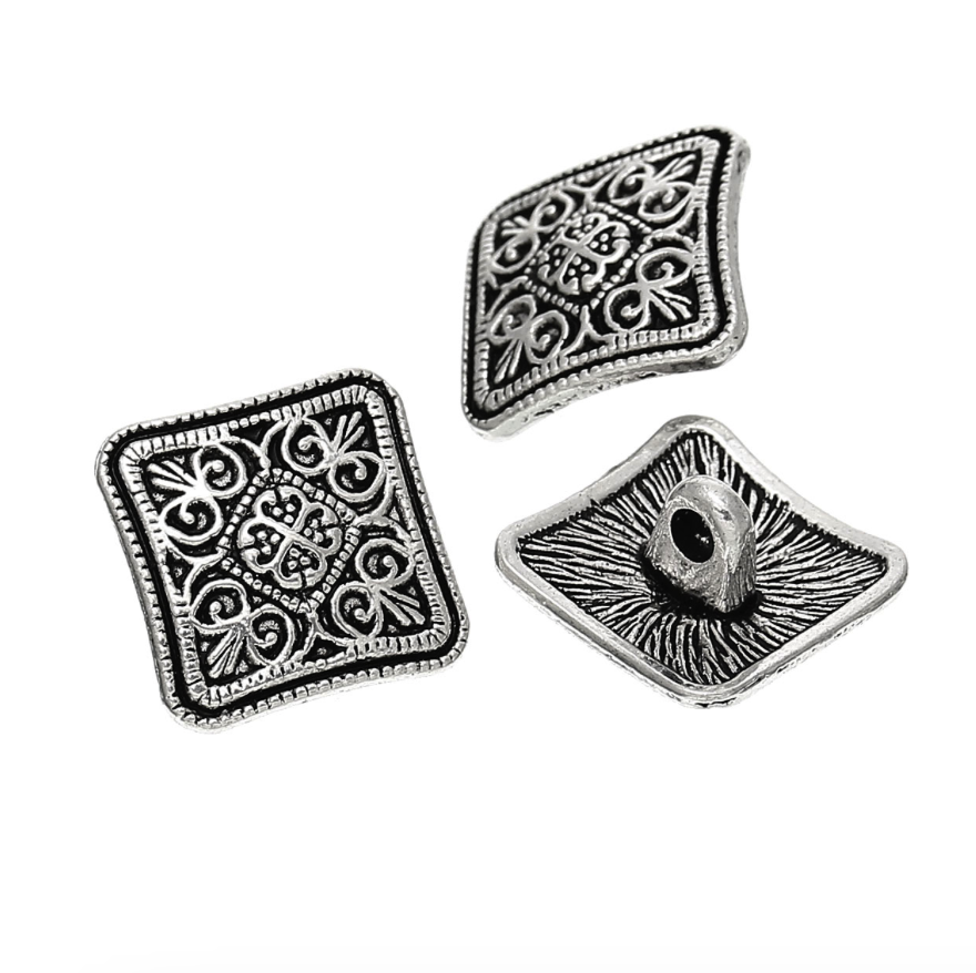 Square Metal Shank Buttons Antique Silver Colour Pack of 10