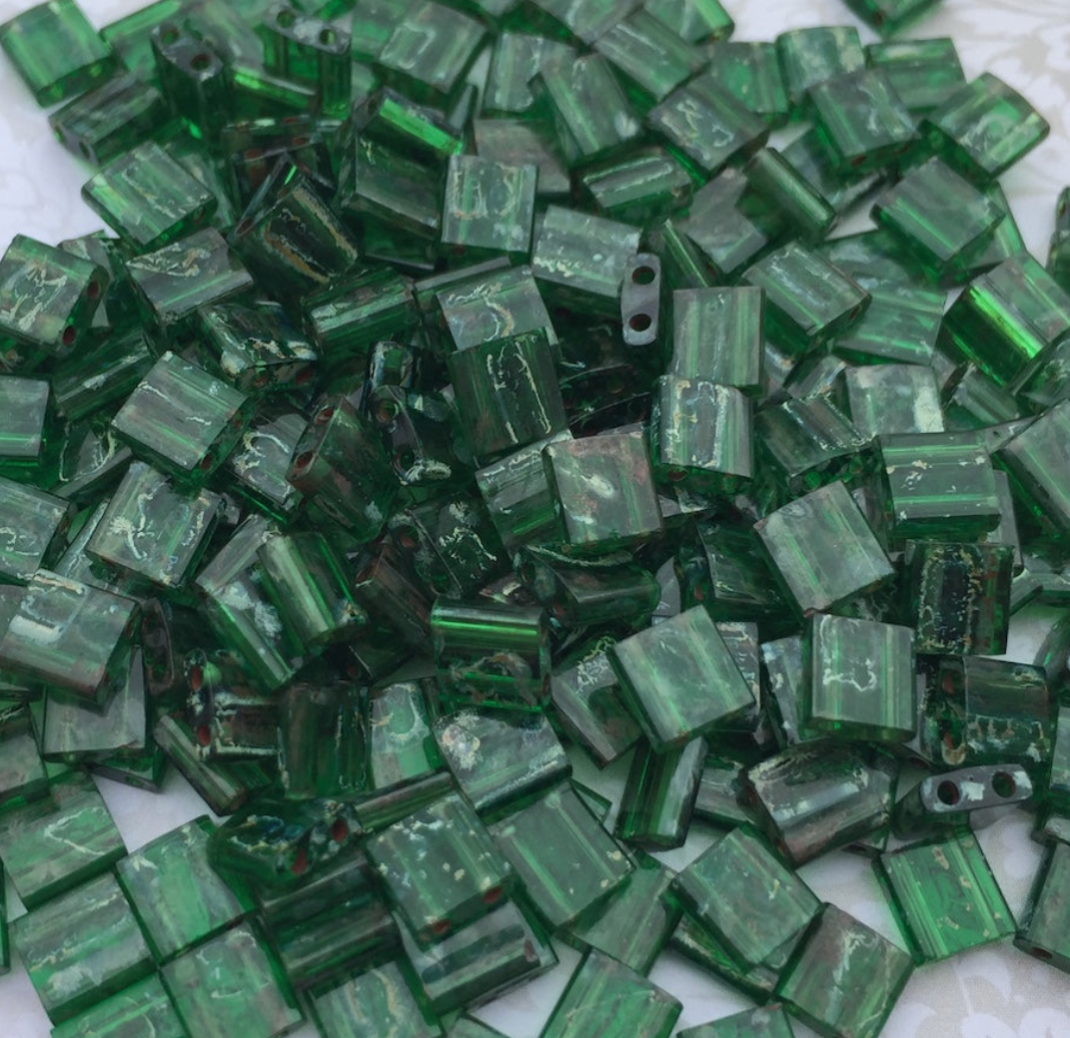 Transparent Green Picasso Miyuki Tila Beads 8 grams