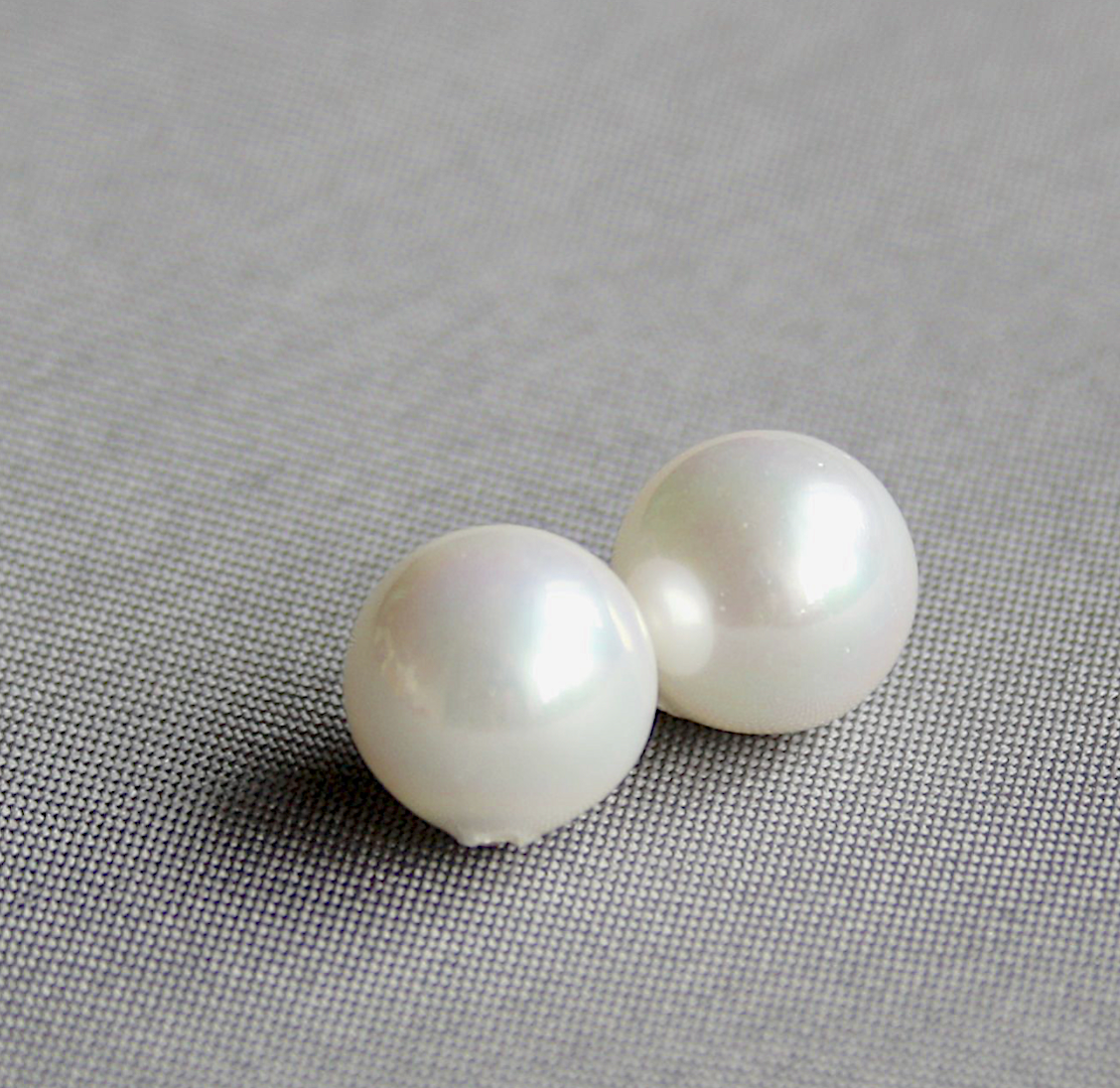 White 8 mm Half Drilled Round South Sea Shell Beads - One Pair