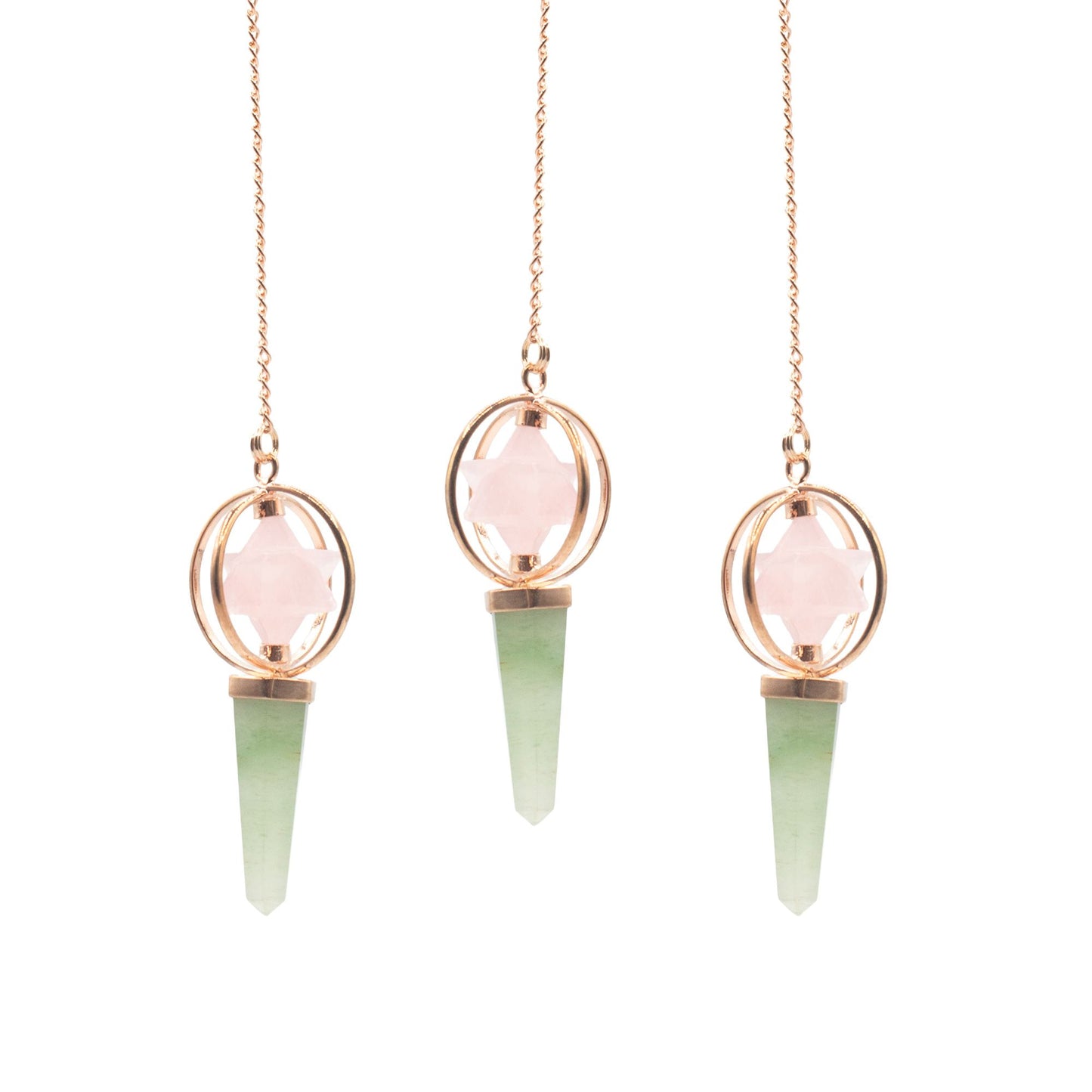 Rose Quartz, Green Aventurine Spinning Merkaba Star in Copper Pendulum Heart Compass