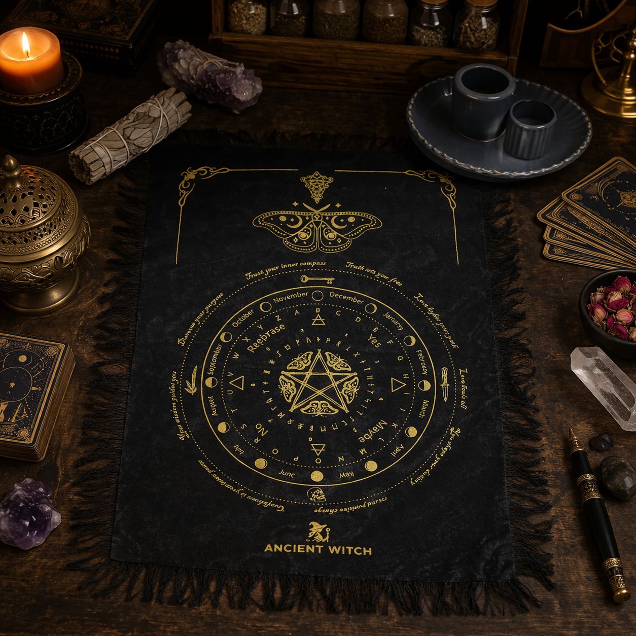 Mystic Moth Pendulum Divination Cloth Black & Gold