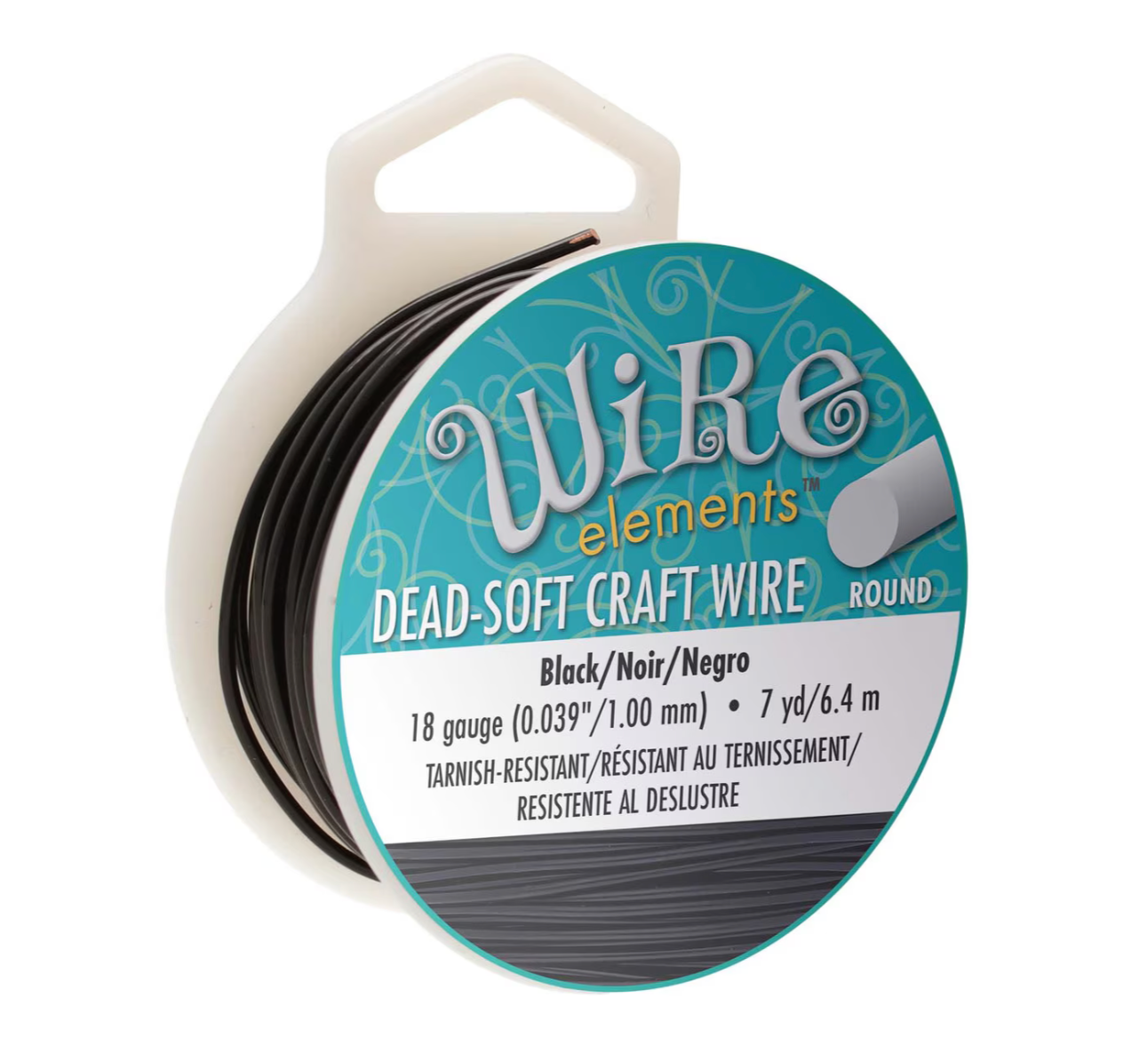 A spool of Wire Elements Dead-Soft Craft Wire in black, featuring a white plastic hanger spool with a teal and white label.