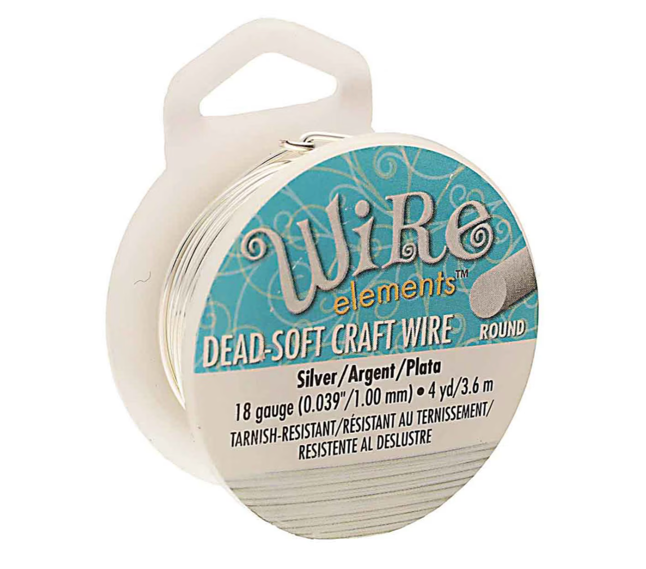 A spool of Wire elements Dead-Soft Craft Wire in silver, featuring a white plastic hanger and a blue and white label.