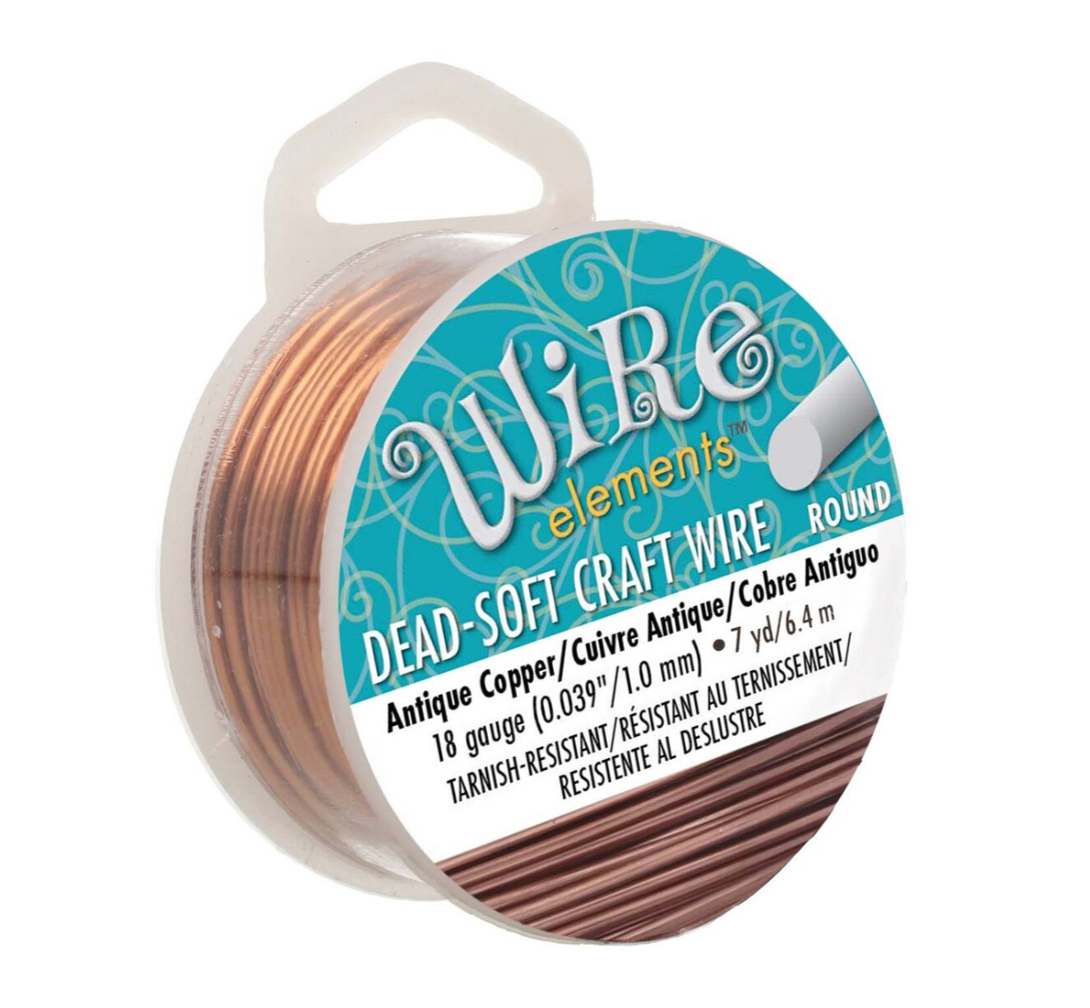 A spool of Wire Elements Dead-Soft Craft Wire in Antique Copper, shown in its clear plastic packaging with a teal and white label.