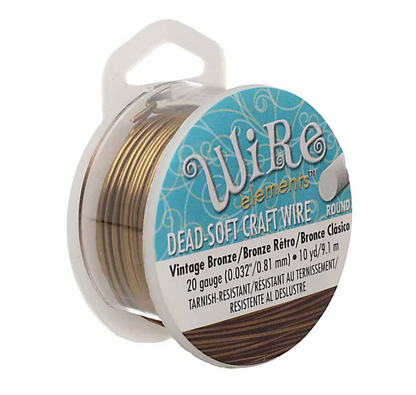 A spool of Wire elements Dead-Soft Craft Wire in Vintage Bronze, featuring a clear plastic spool with a blue and white label.