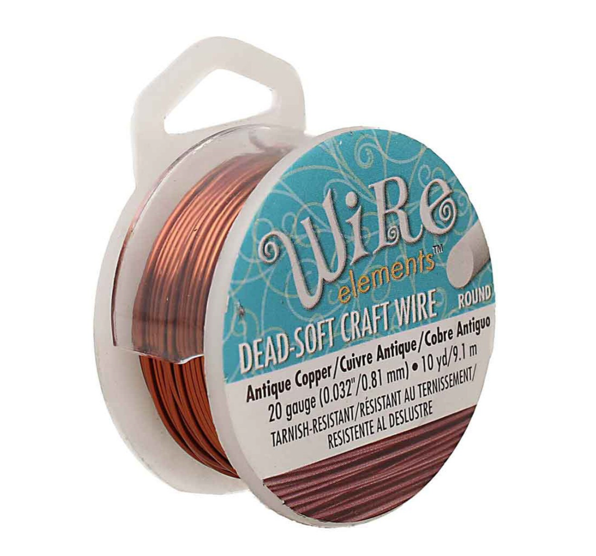 A spool of Wire Elements Dead Soft Craft Wire in Antique Copper, featuring a blue and white label on a clean white background.