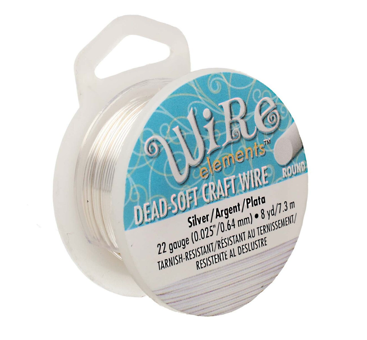 A spool of Wire elements Dead-Soft Craft Wire in silver, featuring a clear plastic hanger and a blue and white label.