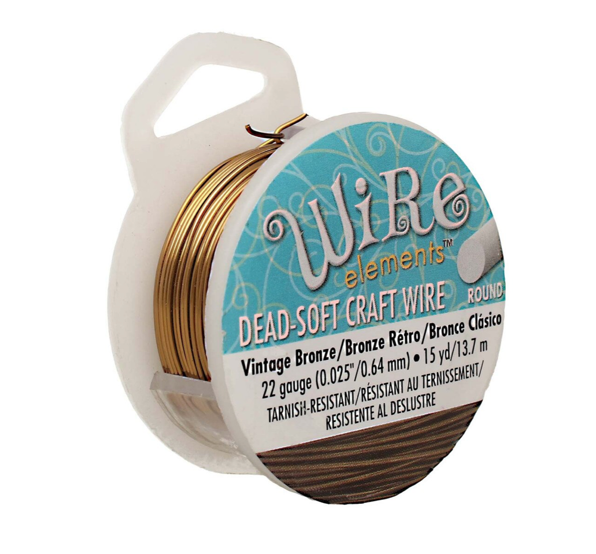 A spool of Wire elements Dead-Soft Craft Wire in Vintage Bronze, featuring a white plastic spool with a blue and brown label, shown on a white background.