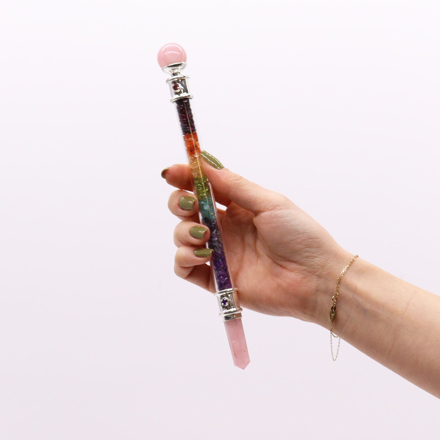 7 Chakra Crystal Healing Wand with Rose Quartz Sphere
