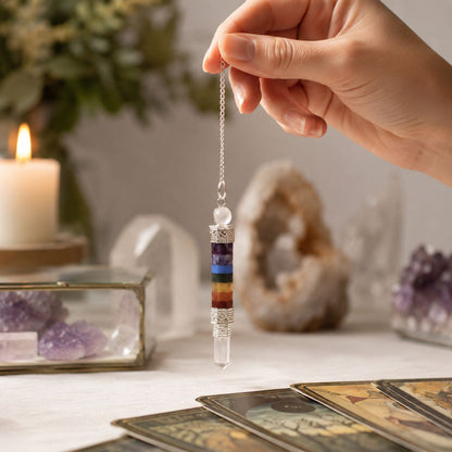 7 Chakra Pendulum with Clear Crystal Point