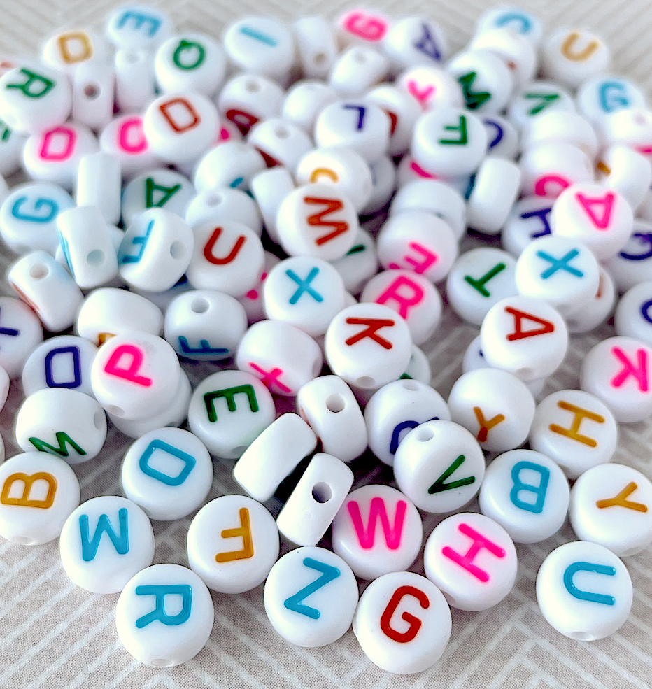 Acrylic Alphabet Beads 7 mm Mix Colours on White - Pack of 100