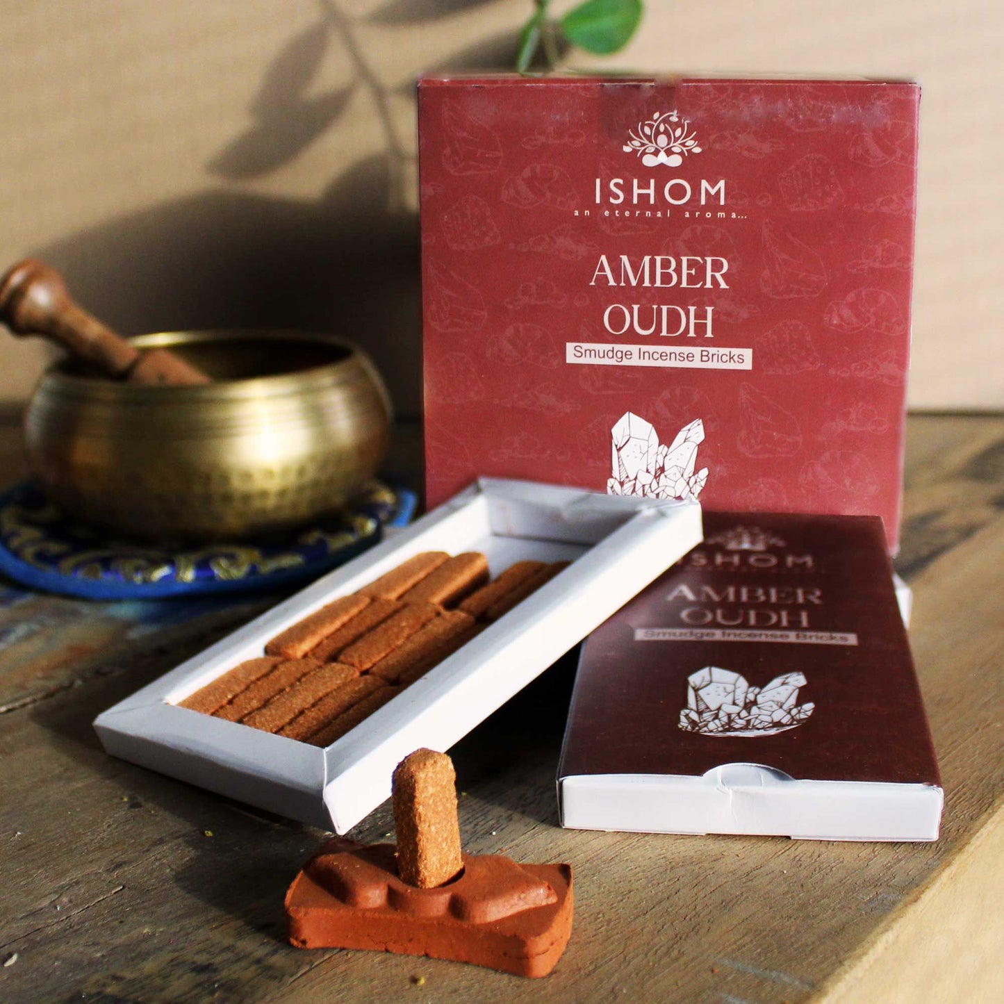 Amber Wood Natural Incense Smudge Bricks and Burner Pack of 15