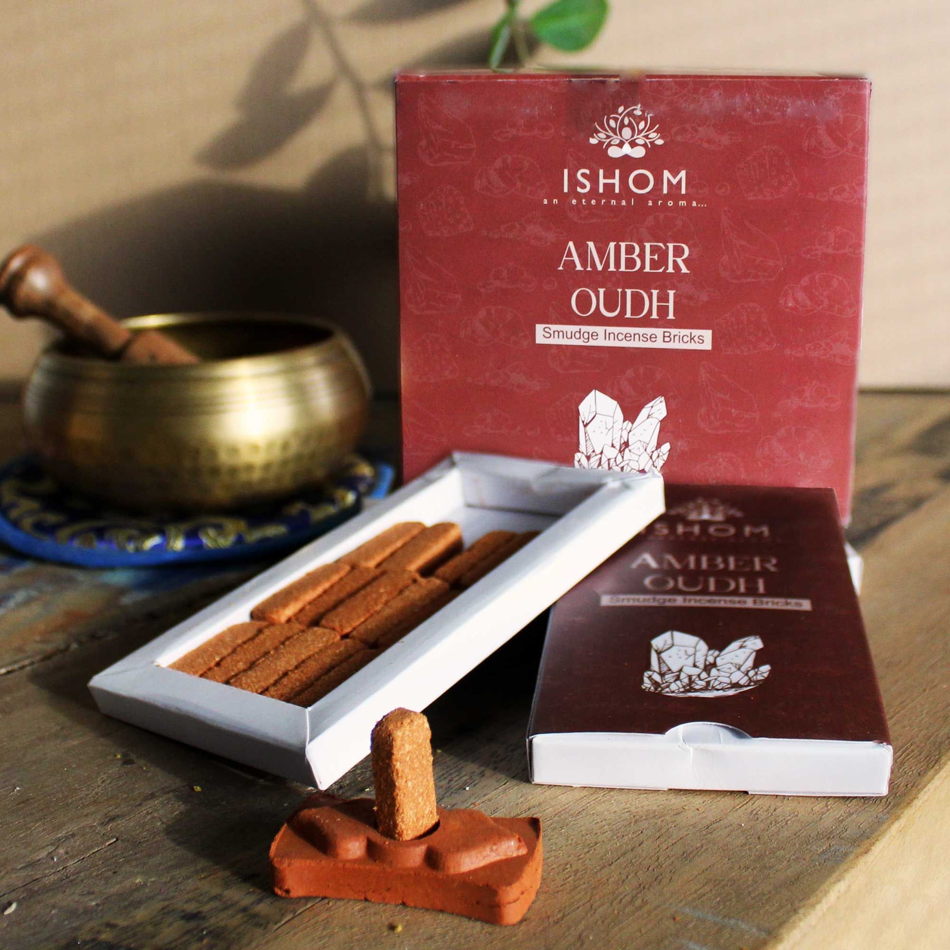 Amber Wood Natural Incense Smudge Bricks and Burner Pack of 15