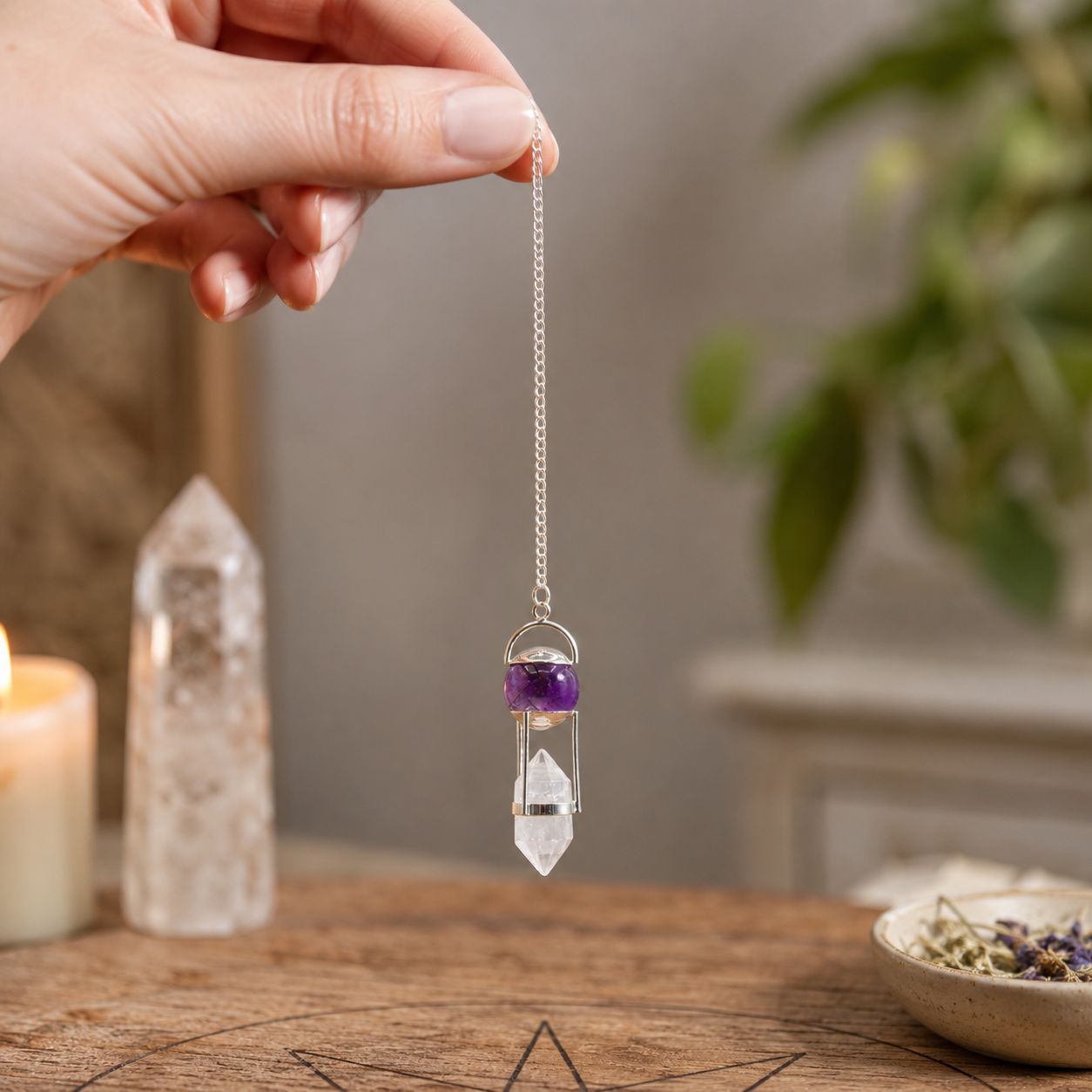 Amethyst, Clear Quartz Double Power Pendulum Seeker of Truth