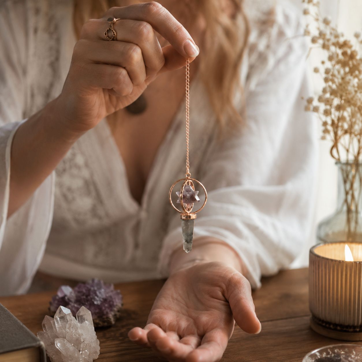 Amethyst, Labradorite Spinning Merkaba Star in Copper Pendulum Cosmic Navigator