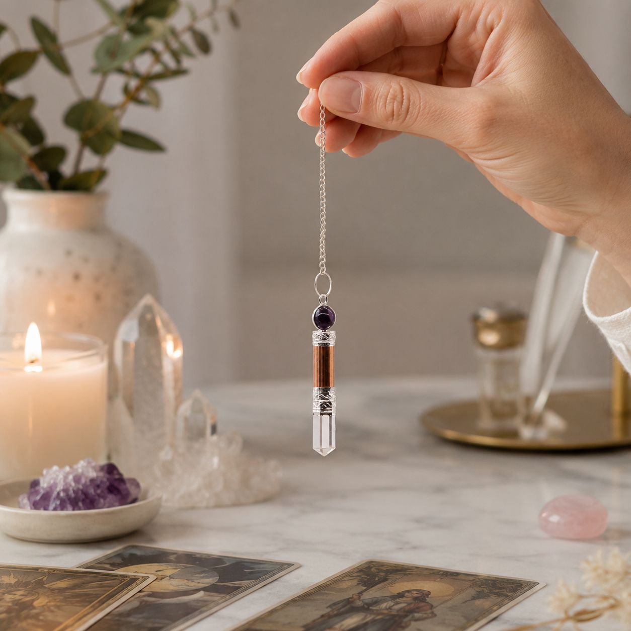 Amethyst, Quartz, Copper Pendulum