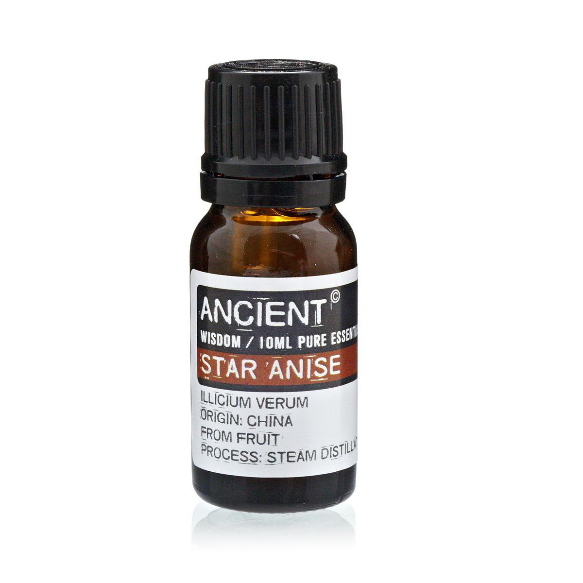 Bottle of star anise essential oil with label on a white background