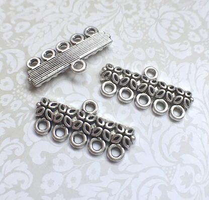 Antique Silver Multiloop Connector, Ribbon End, 5-hole Links - Pack of 10