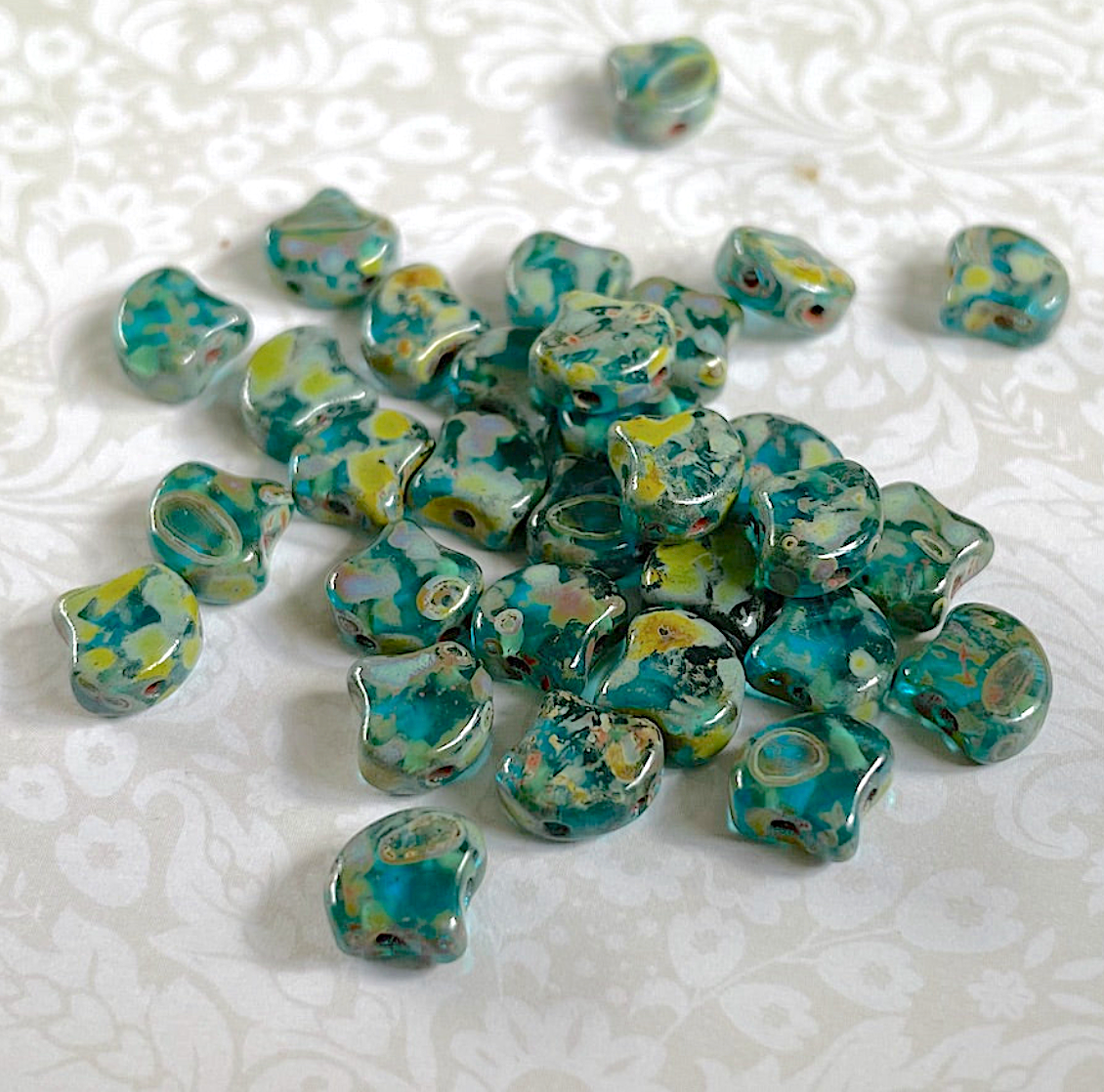 Aqua Travertine Ginko Duo Beads by Matubo - 10 grams