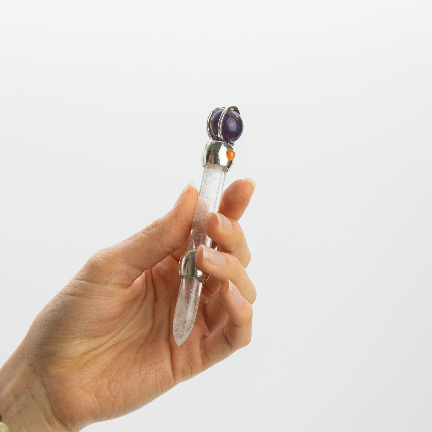 Axis of Grace Wand - Amethyst & Rose Quartz Spheres, Quartz Stem