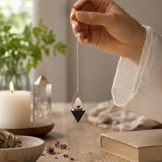 Black Agate, Rose Quartz Gemstone Lantern of Life Pendulum