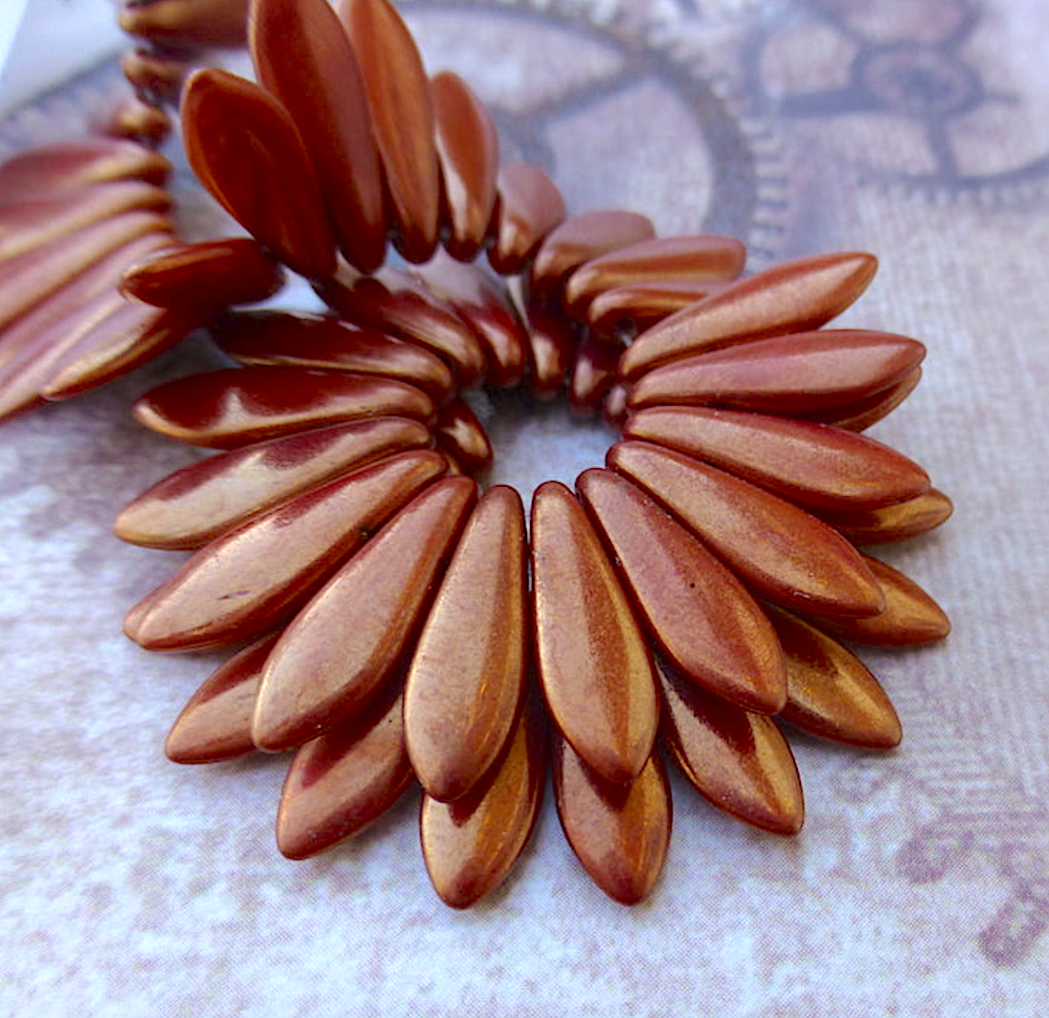 Bronze Lustre Iris Opaque Red Two Hole Dagger Beads Czech Pressed Glass Beads - Pack of 10 grams
