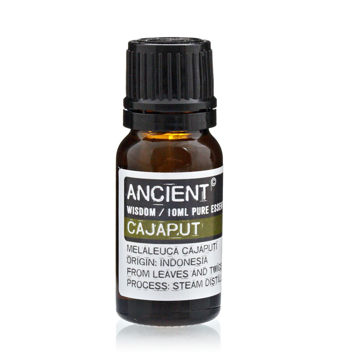 Bottle of Cajaput essential oil with a black cap on a white background