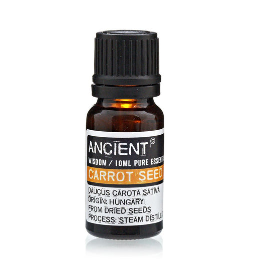 Bottle of Ancient Wisdom Carrot Seed essential oil on a white background