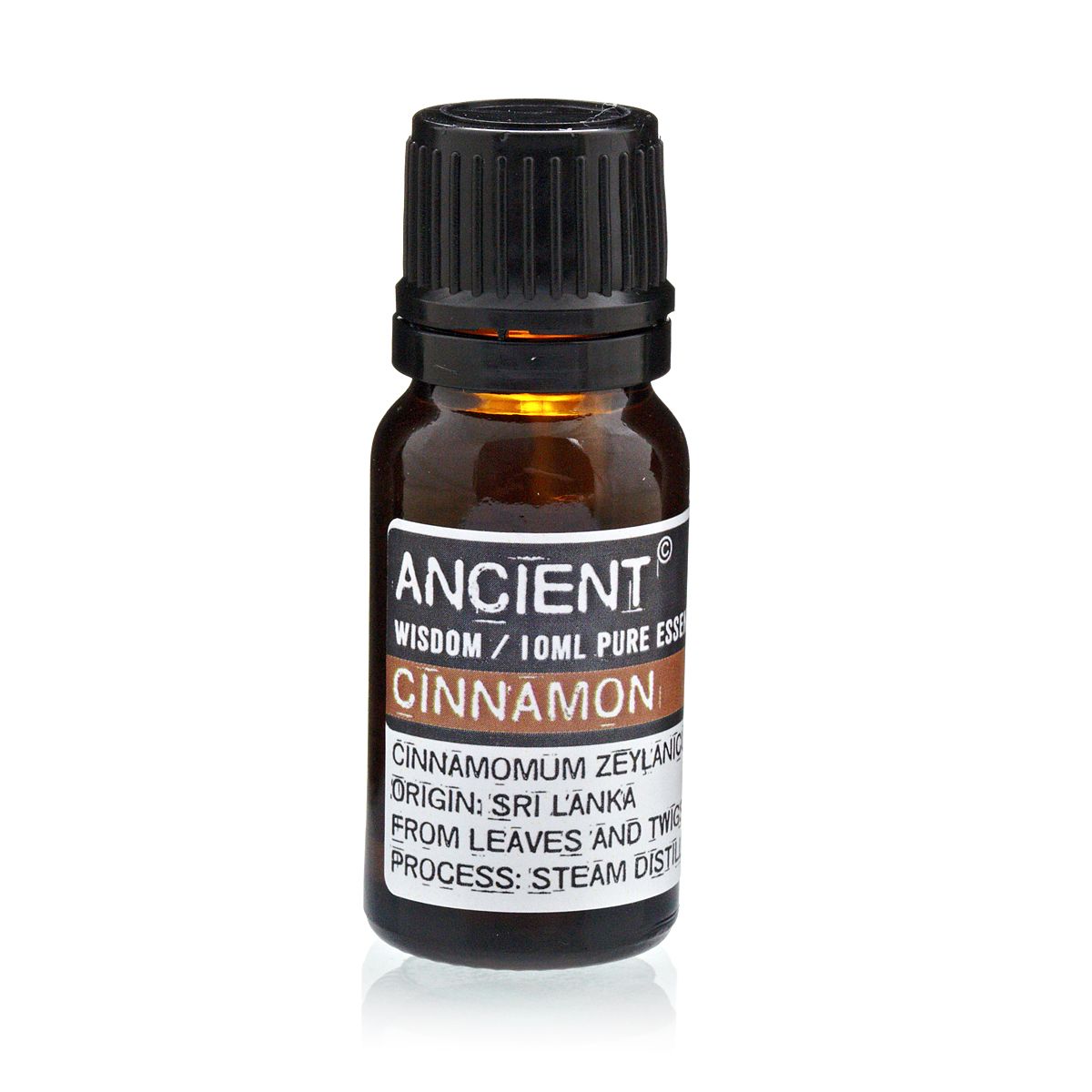Bottle of cinnamon essential oil with a black cap on a white background