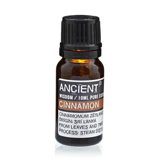 Bottle of cinnamon essential oil with a black cap on a white background