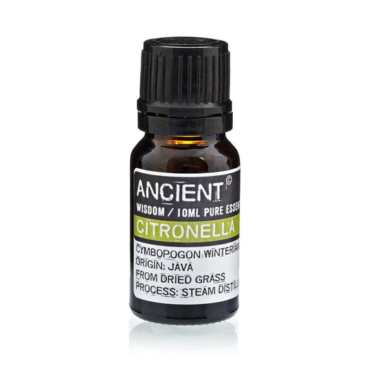 Bottle of Citronella essential oil with 'Ancient Wisdom' label on a white background