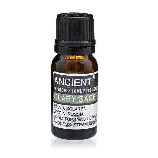 Bottle of Clary Sage essential oil with a black cap on a white background