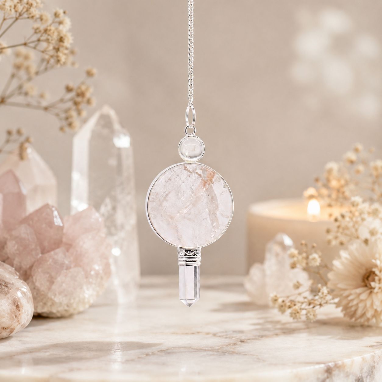 Clear Crystal Point Large Round Stone Centrepiece Pendulum