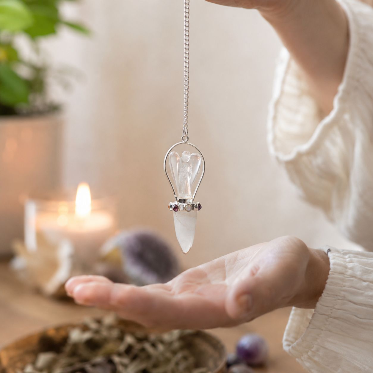 Clear Quartz Celestial Guide Angel Pendulum with Chakra Band