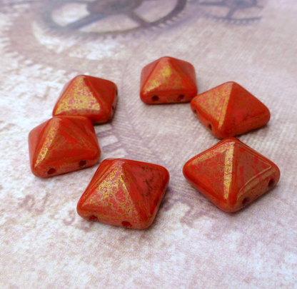 Coral Lumi Pecan 12 mm Pyramid Stud Czech Glass Two Hole Beads Pack of 12