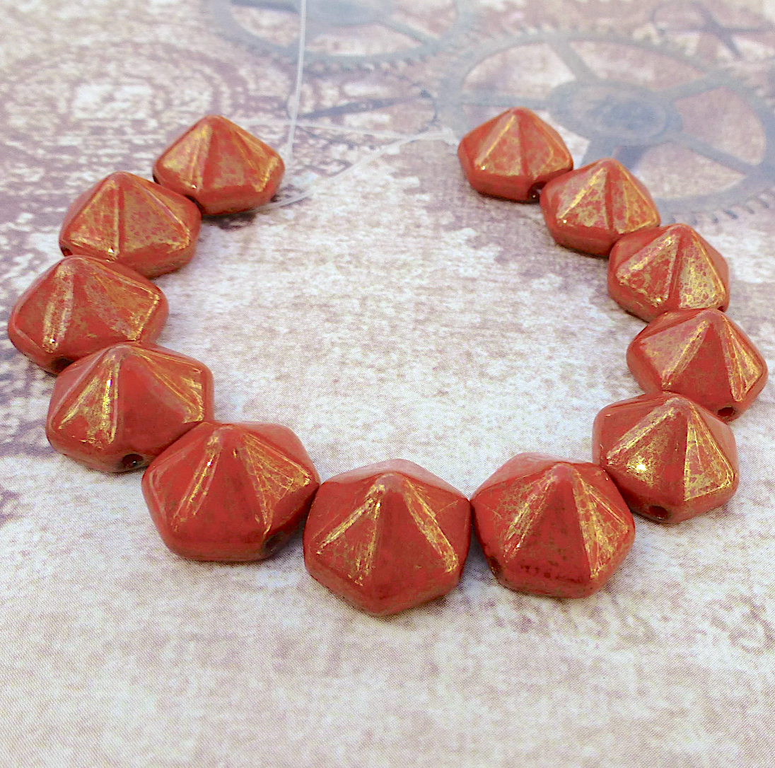 Coral Lumi Pecan Pyramid Hex Glass 2-hole Beads Strand of 12