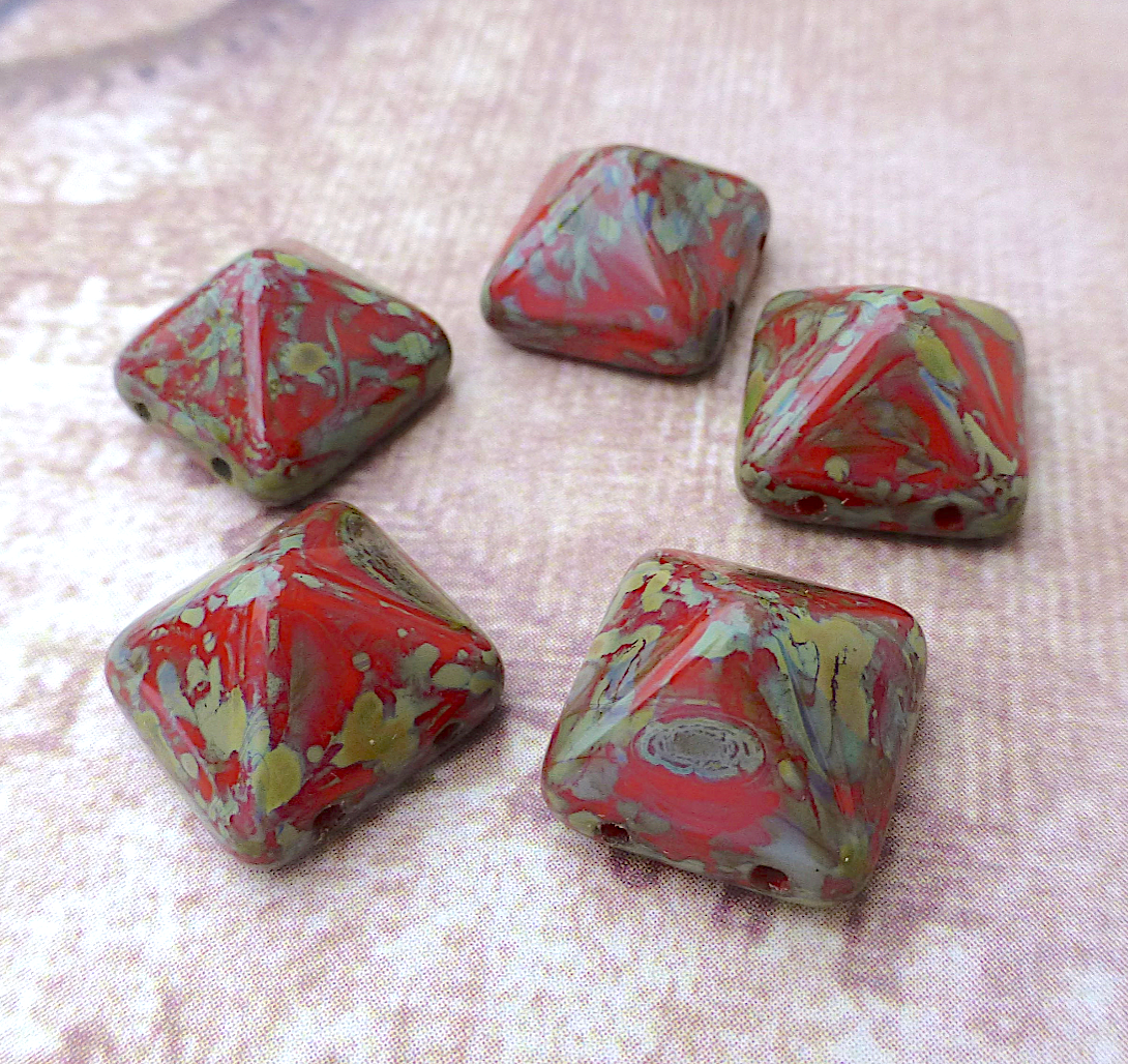 Coral Picasso 12 mm Pyramid Stud Czech Glass Two Hole Beads Pack of 12